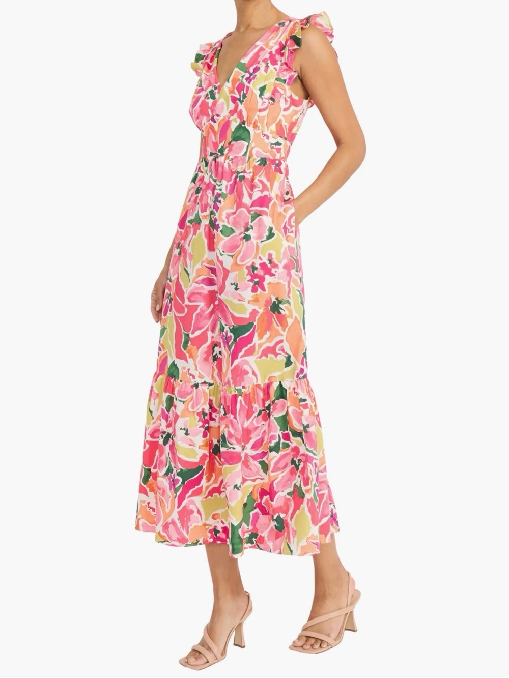Maggy London Pink Floral Ruffle-Shoulder and Hem Maxi Sundress, size 8